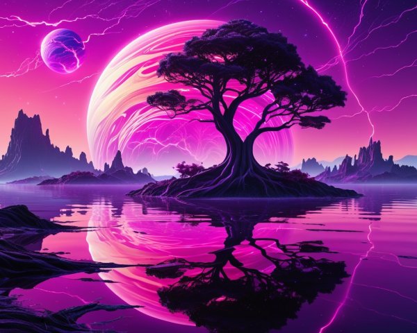 Surreal Landscape with Tree and Cosmic Elements