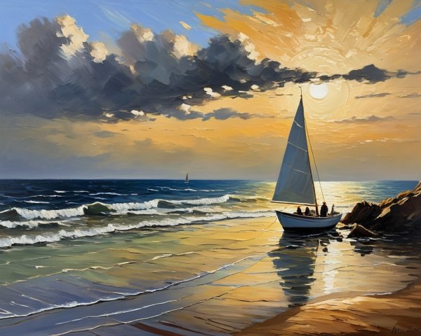 Serene Coastal Sunset with Sailboat and Waves