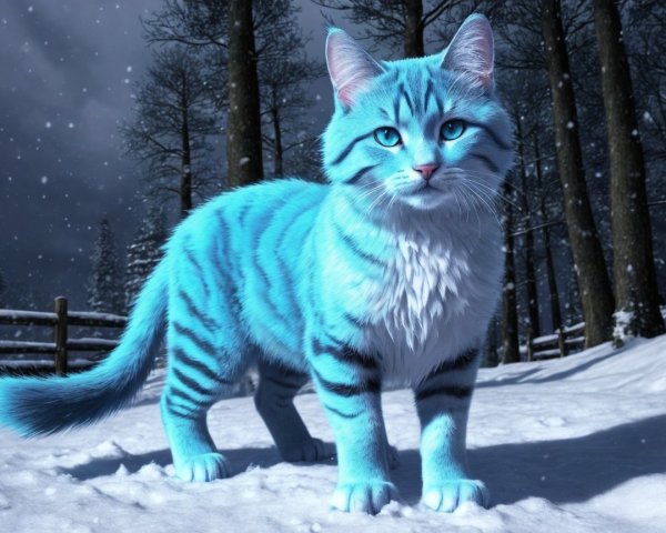 Blue Cat in Snowy Landscape with Dark Stripes