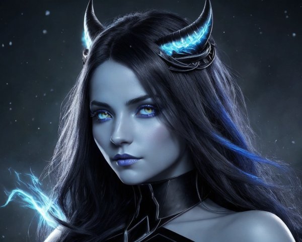 Female character with blue eyes and dark outfit