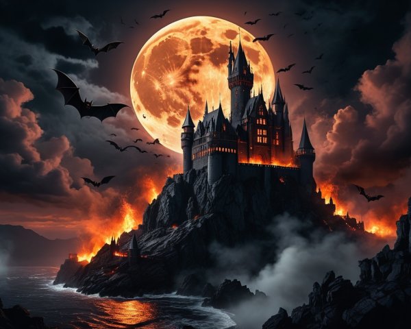 Ominous Castle on Cliff Under Full Moon and Stormy Sky