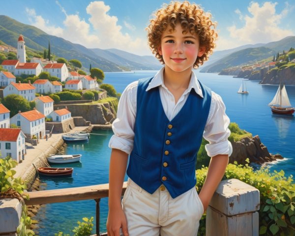 Young Boy in Coastal Village with Charming Architecture