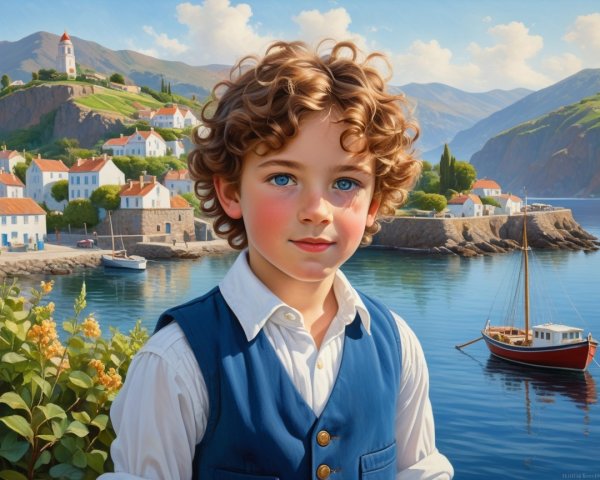Young Boy in Coastal Village with Scenic Landscape