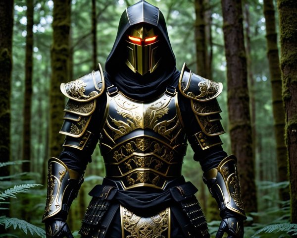 Armored Figure in a Forest with Samurai-Style Helmet