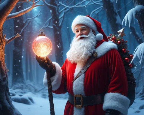 Santa Claus in snowy forest with glowing orb and tree