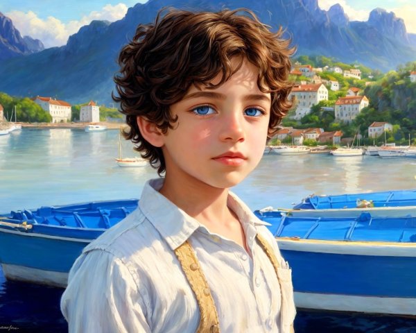 Young boy by water with blue eyes and curly hair