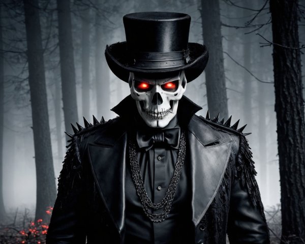 Skeleton Figure in Shadowy Forest with Red Eyes