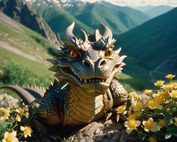 Majestic dragon resting in vibrant flower-filled valley