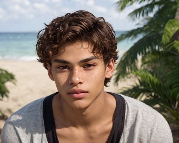 Young male with curly hair and freckles at beach