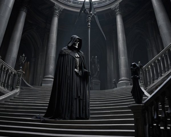 Skeletal Figure in Grand Hall with Gothic Ambiance