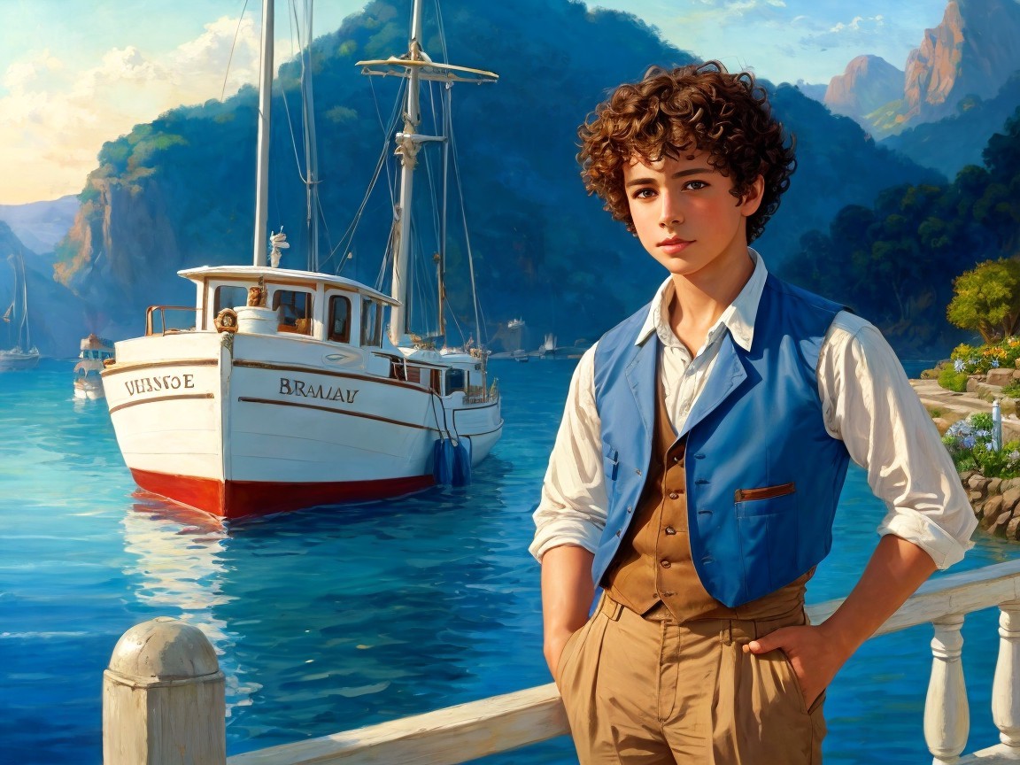 Young boy on dock with boat in serene landscape