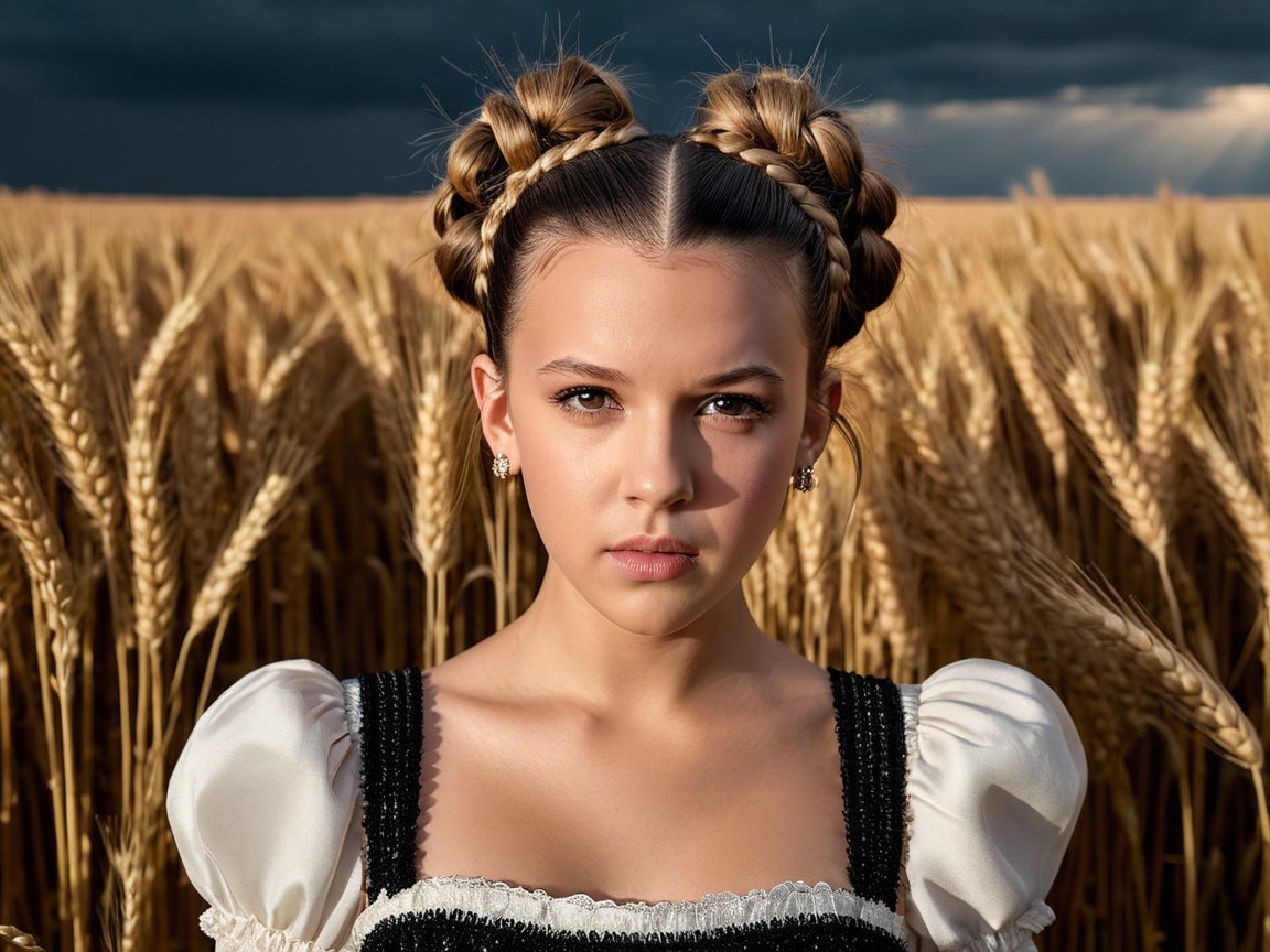 Young girl in wheat field with dramatic sky backdrop