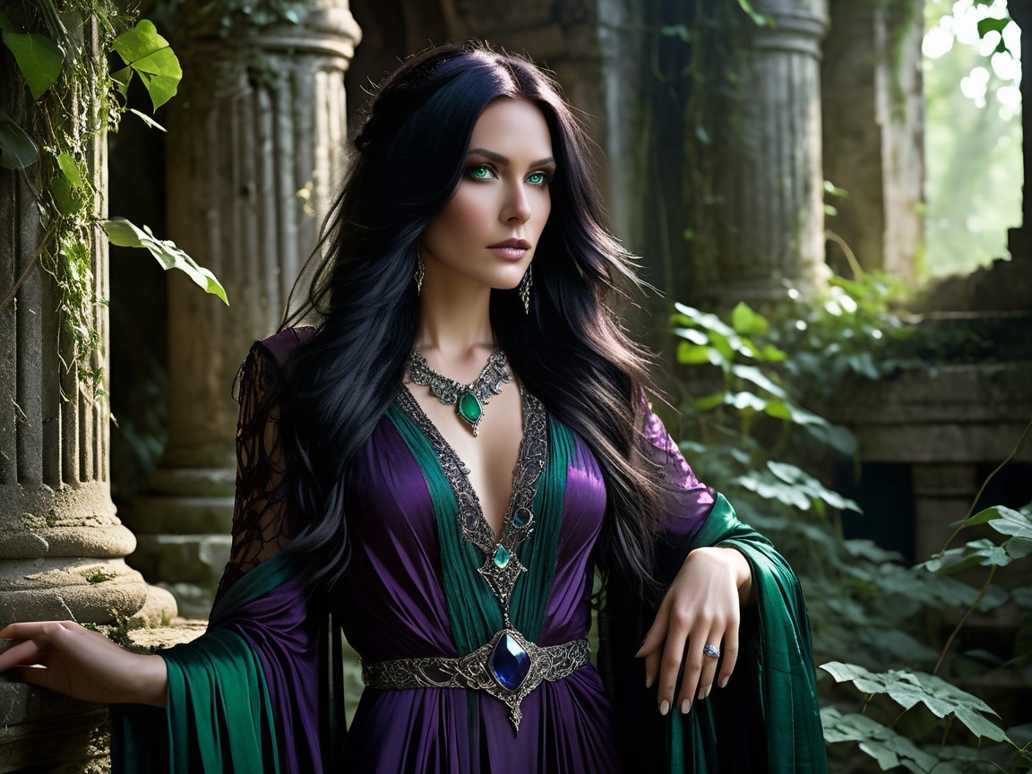 Mystical Woman in Jewel-Toned Gown Among Ruins