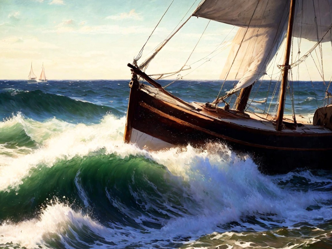 Sailing Boat on Vibrant Waves Under Clear Sky