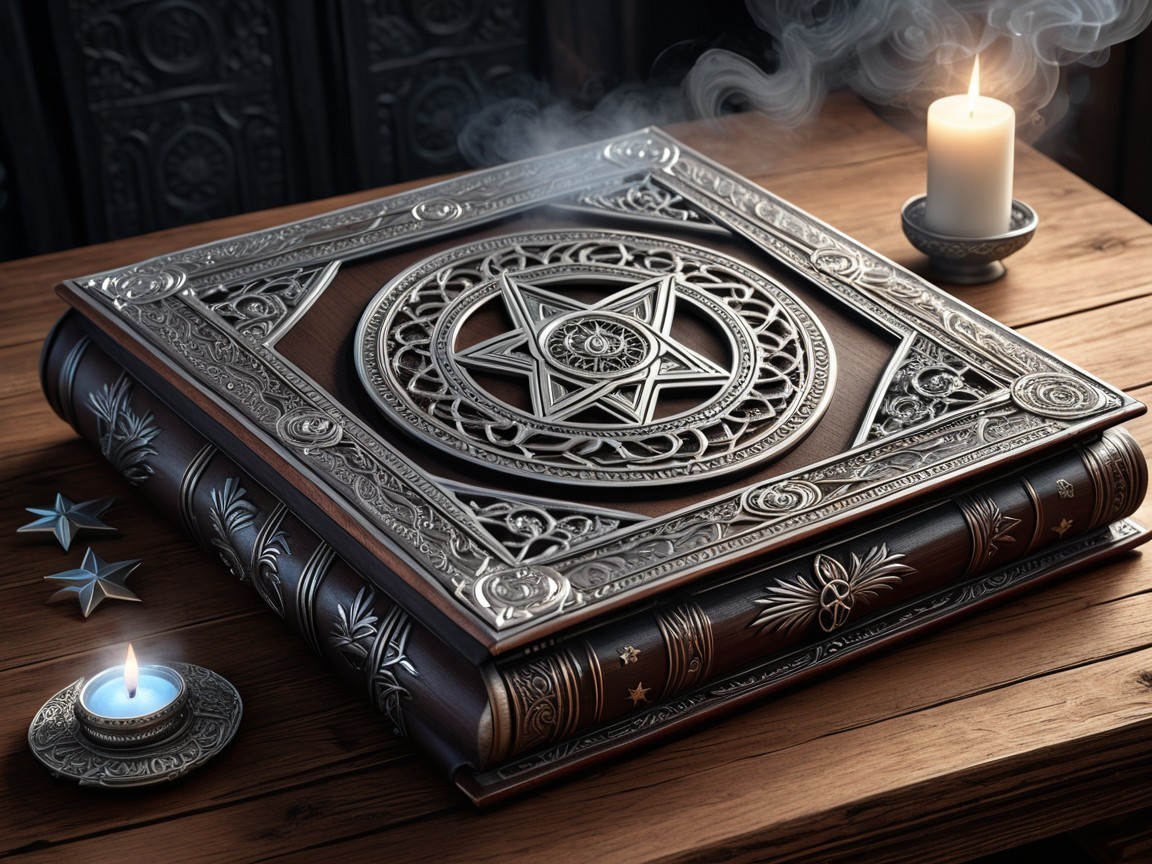 Ornate Book with Pentagram and Candle on Wooden Table