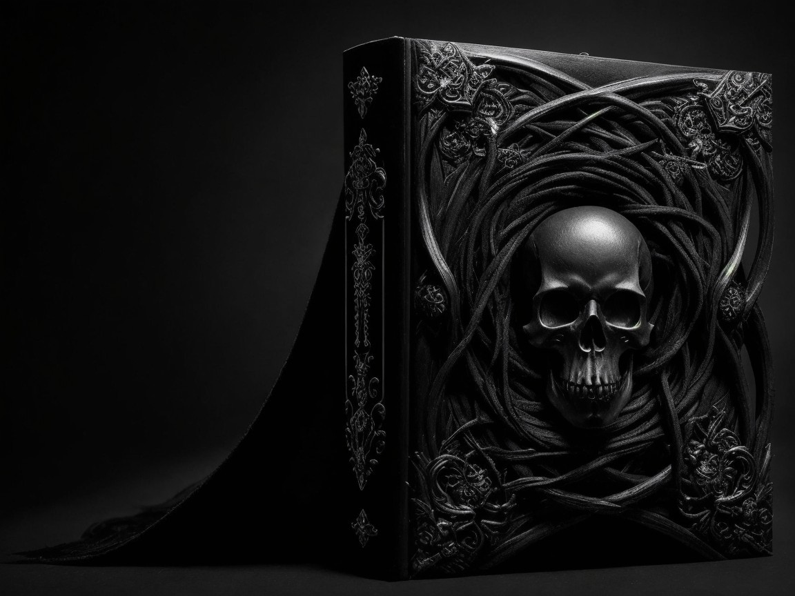 Intricately Designed Black Book with Skull and Vines