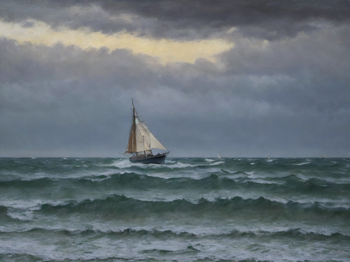 Sailboat Navigating Turbulent Waves Under Stormy Sky
