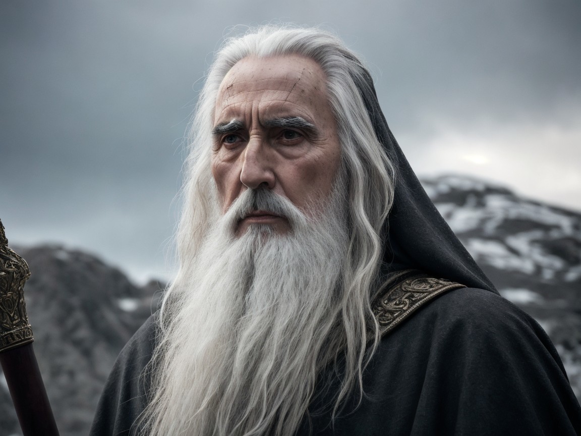 Majestic figure in hooded robe with ornate staff