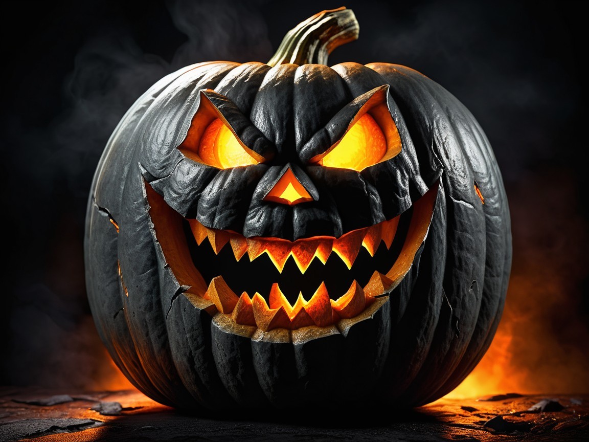 Menacing Jack-o'-Lantern with Glowing Eyes and Mist