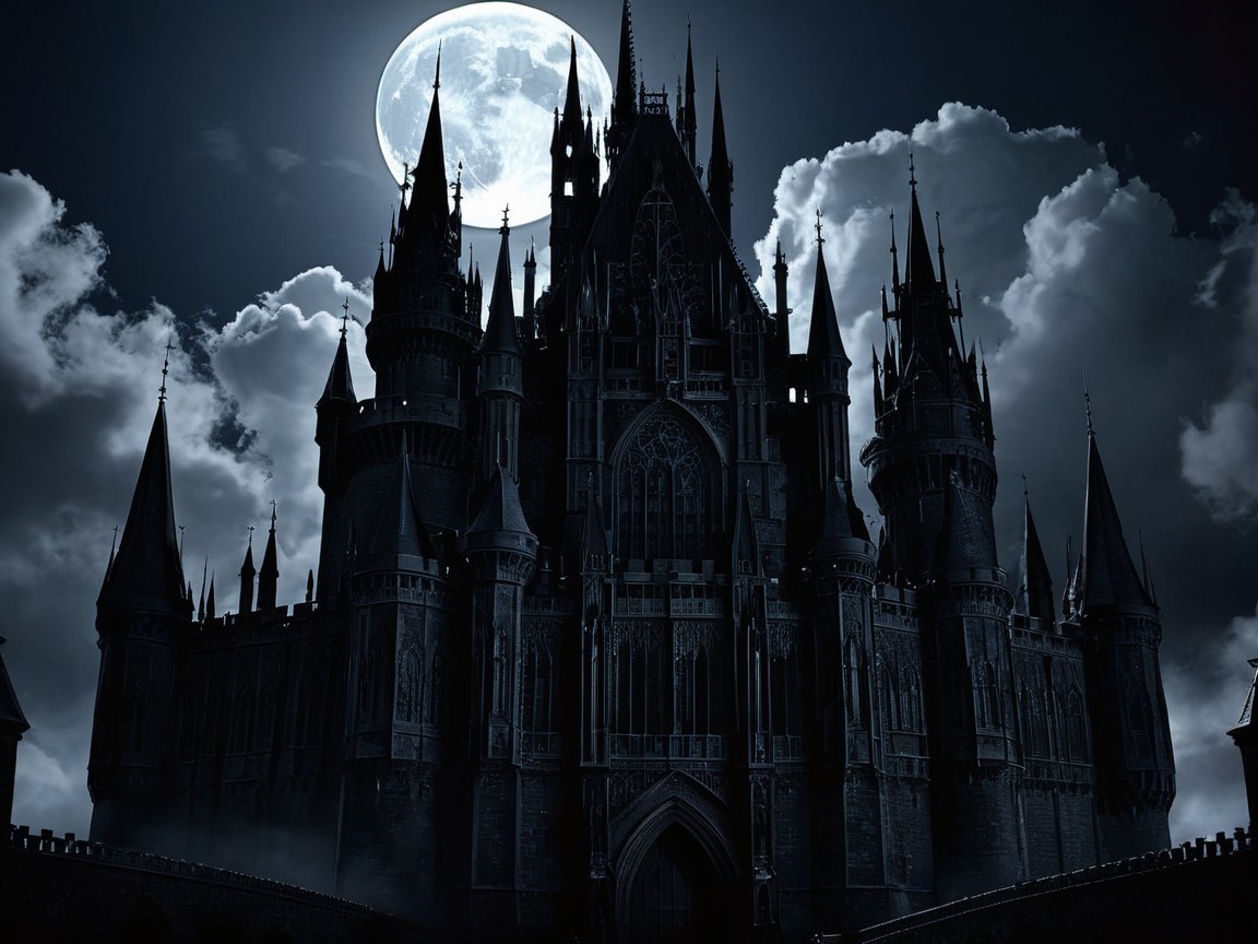 Castle Silhouette Under Stormy Night Sky with Moonlight