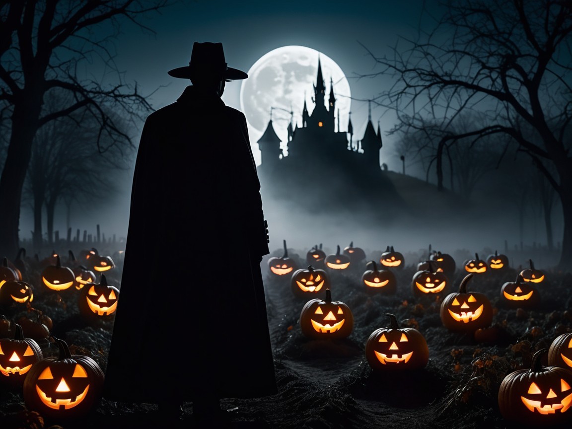 Mysterious Figure in Cloak Overlooking Haunted Graveyard