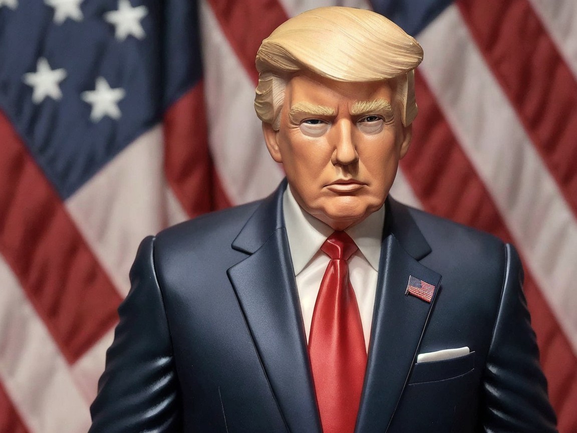 Lifelike statue of a man in dark suit with flags