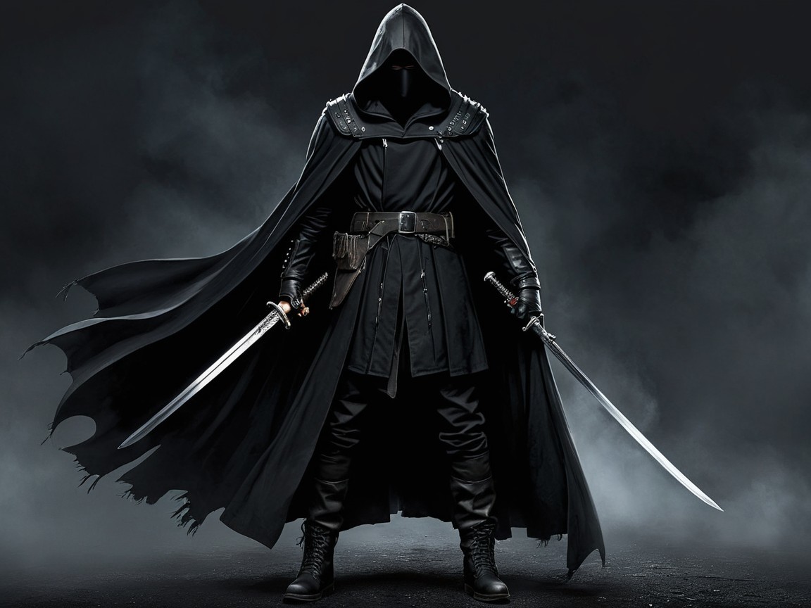 Cloaked Figure with Swords in Dark Layered Outfit