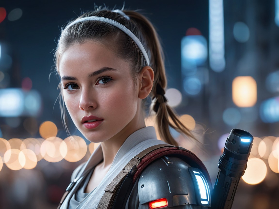 Young woman in futuristic cityscape with vibrant lights