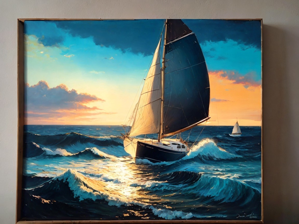 Vibrant Seascape with Sailboats and Dramatic Sky
