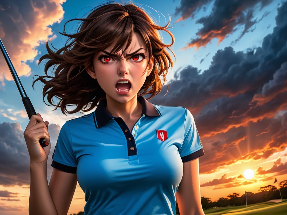 Young woman with red eyes and golf club at sunset