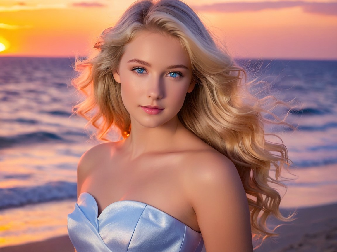 Young Woman by Beach at Sunset in Light Blue Dress