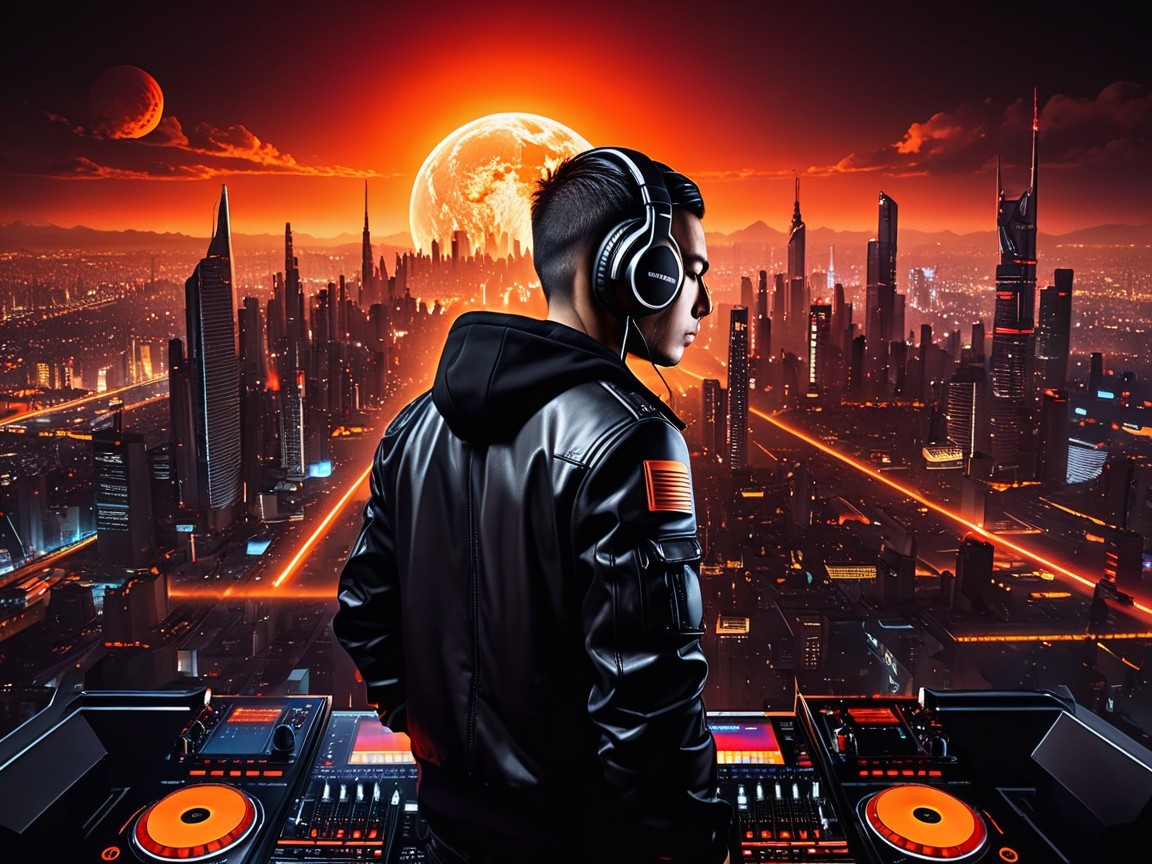 Futuristic DJ Overlooking Vibrant Cityscape at Night