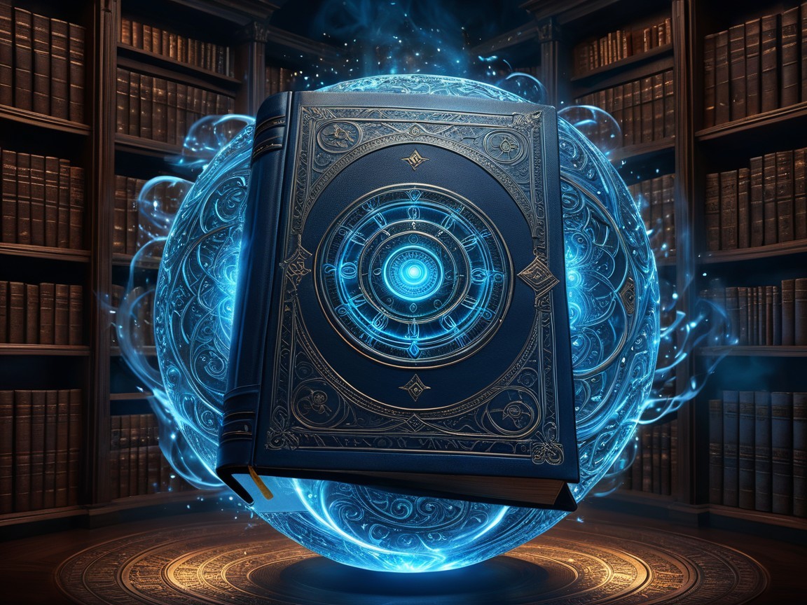 Ancient blue book in ethereal orb in dim library