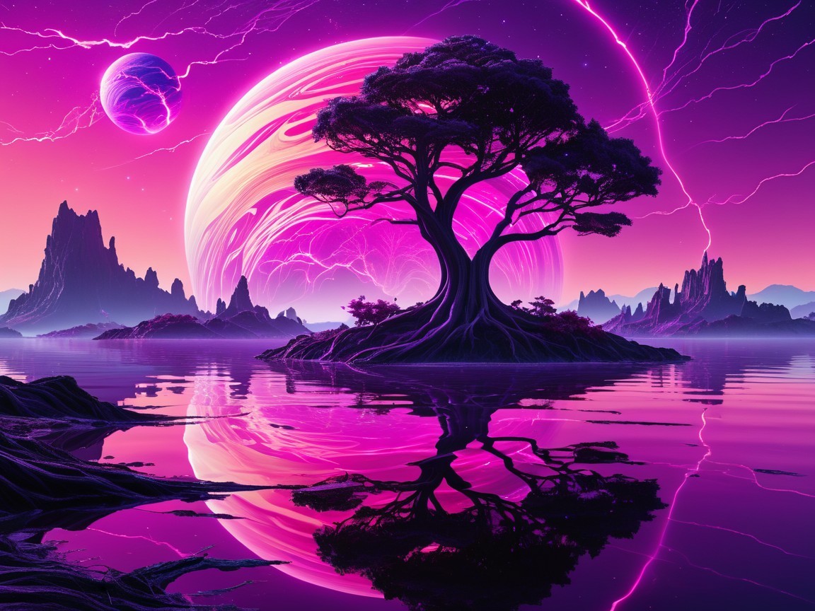 Surreal Landscape with Tree and Cosmic Elements