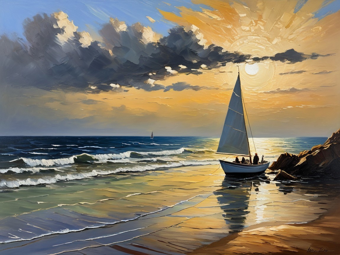 Serene Coastal Sunset with Sailboat and Waves