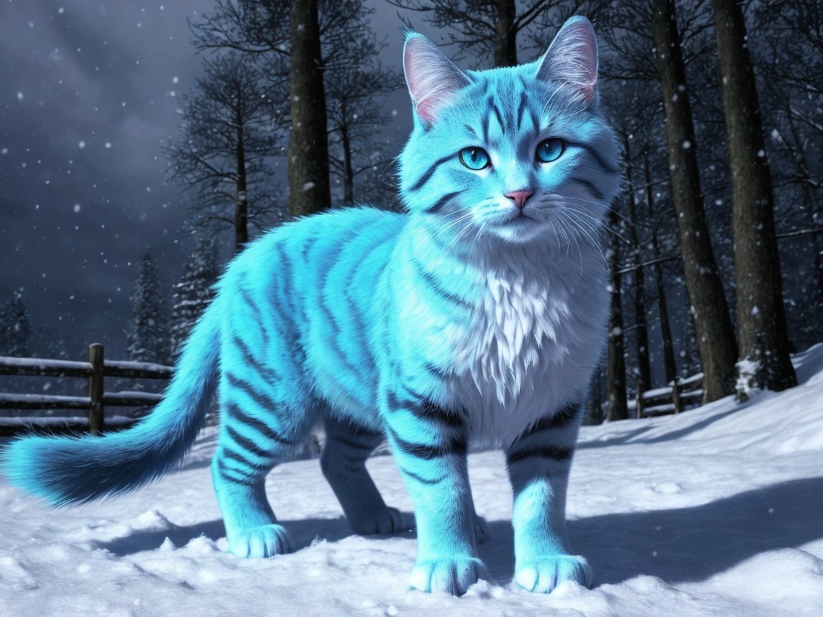 Blue Cat in Snowy Landscape with Dark Stripes