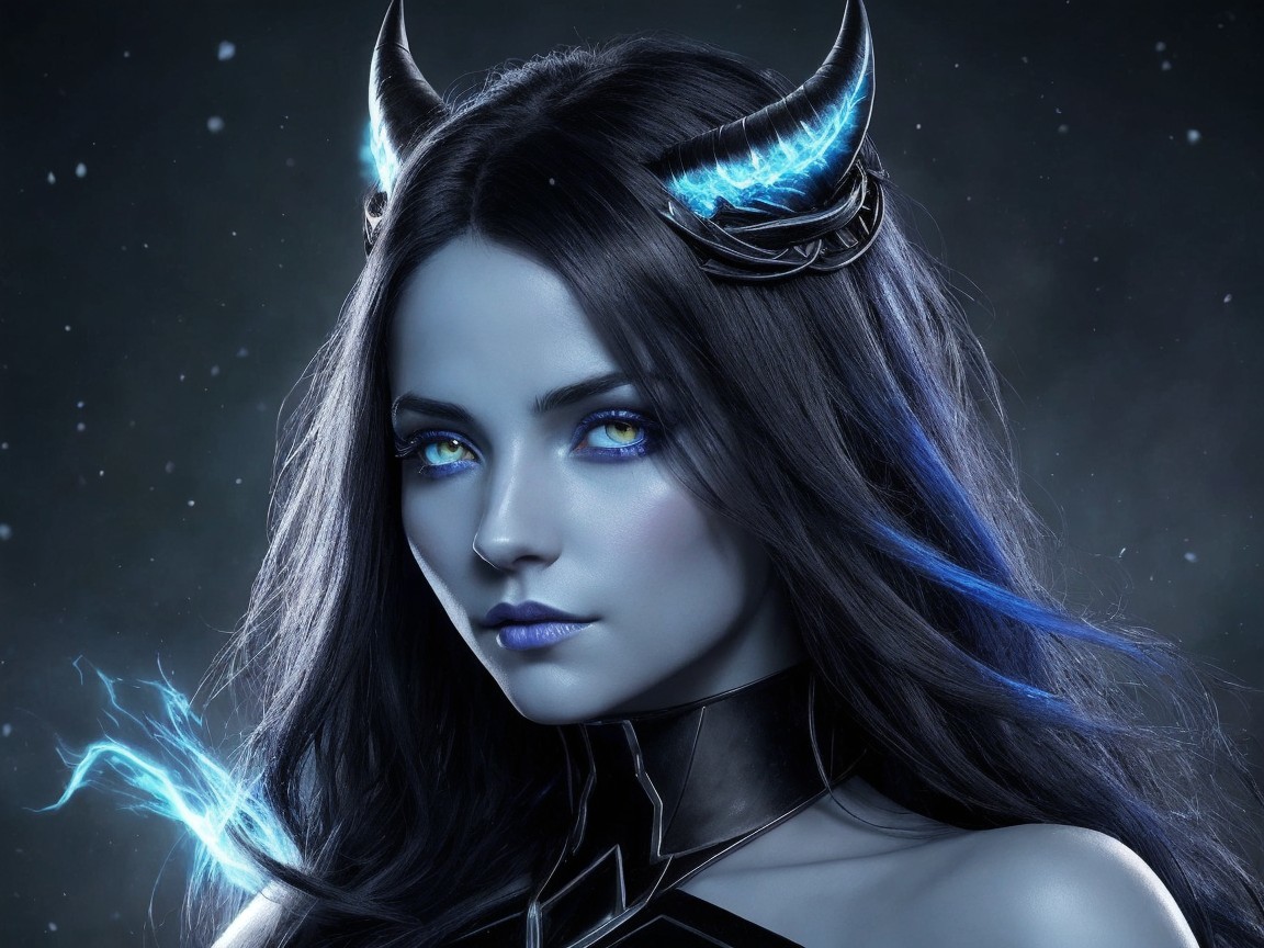 Female character with blue eyes and dark outfit