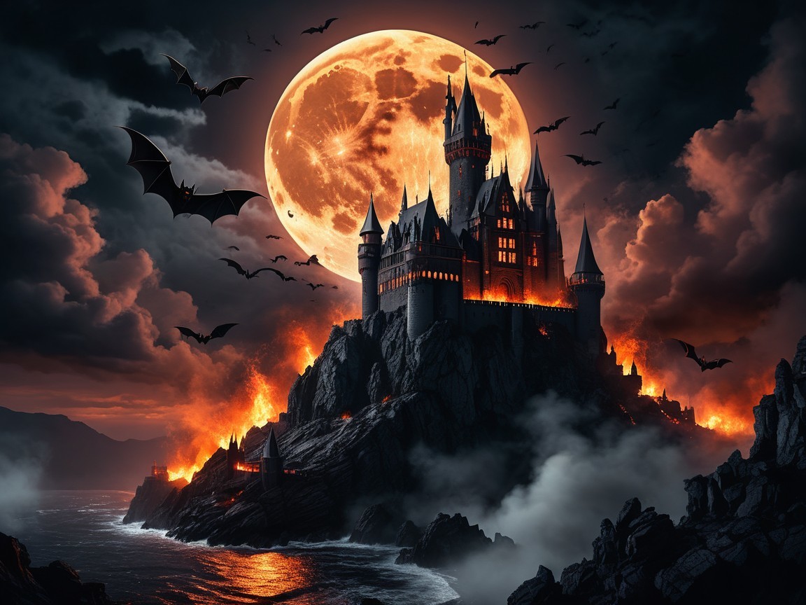 Ominous Castle on Cliff Under Full Moon and Stormy Sky