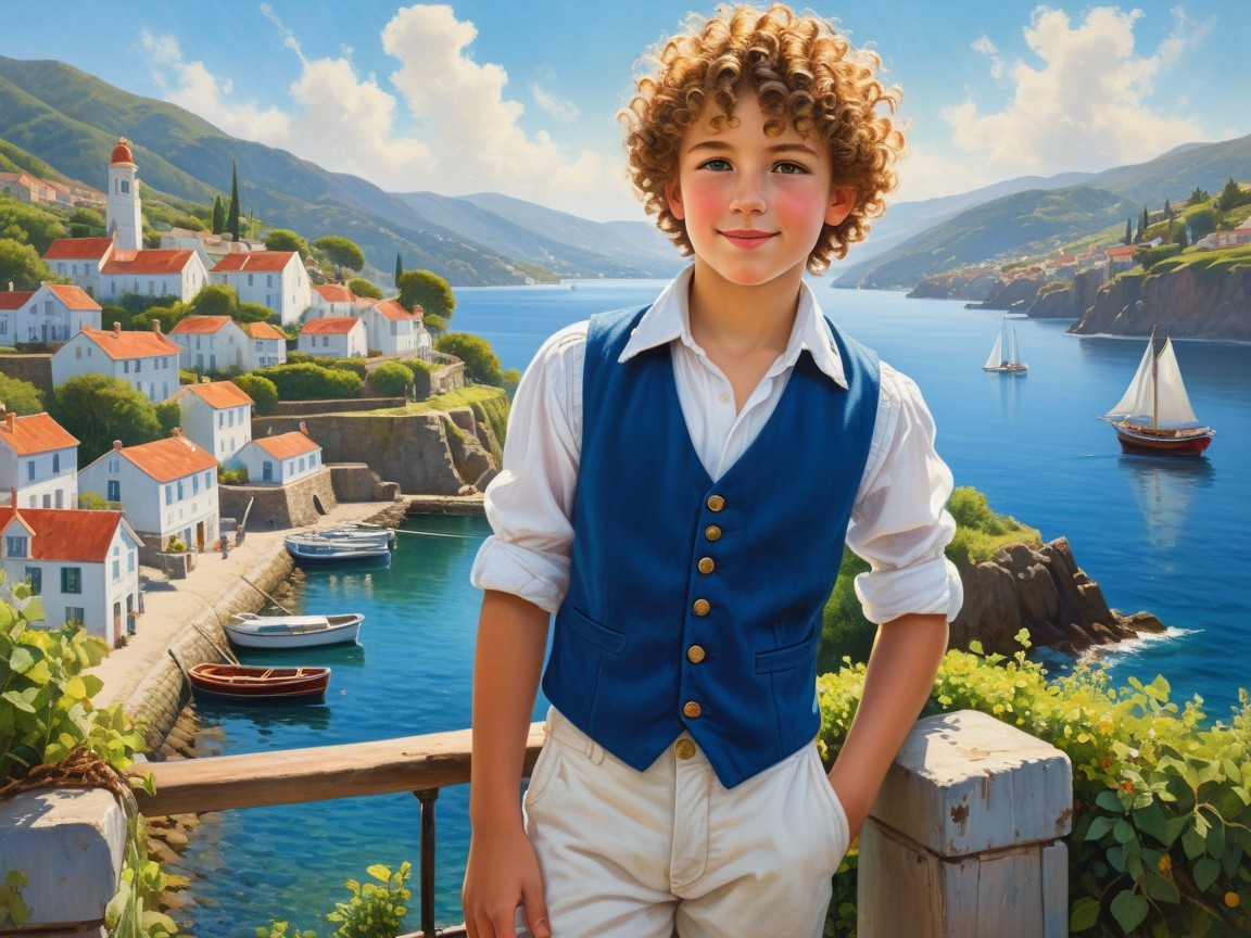 Young Boy in Coastal Village with Charming Architecture