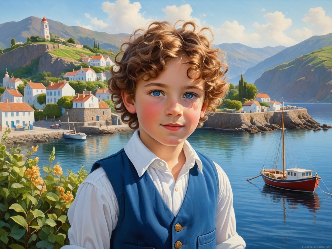 Young Boy in Coastal Village with Scenic Landscape
