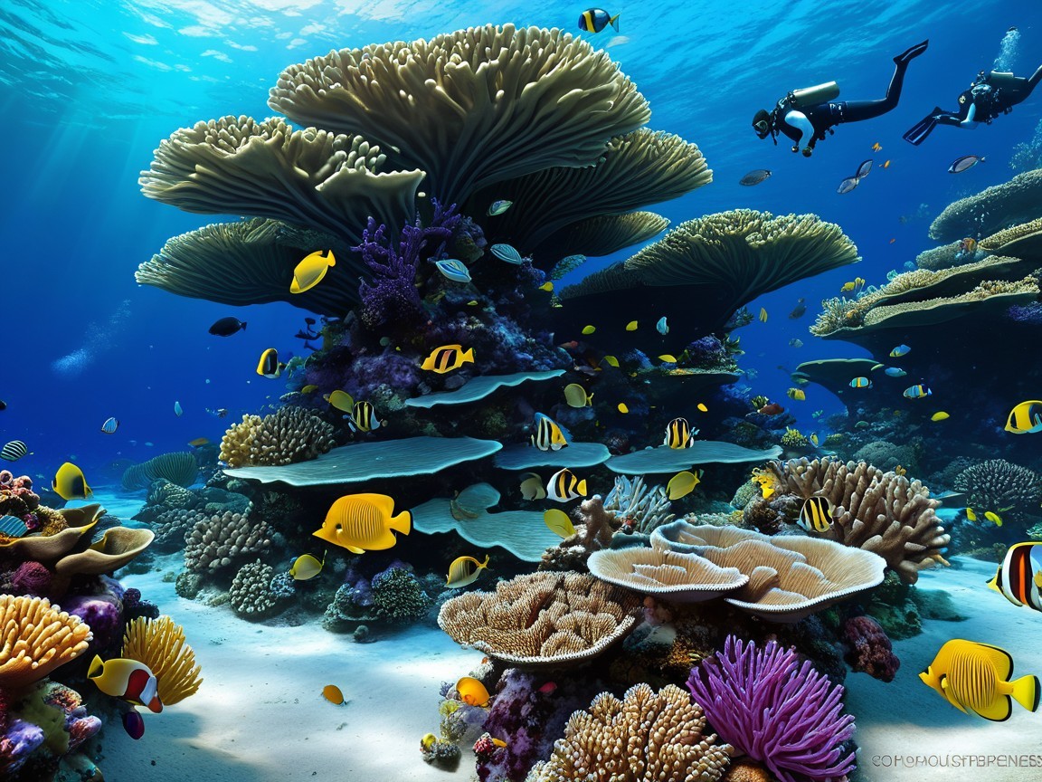 Vibrant Coral Reef with Colorful Fish and Divers