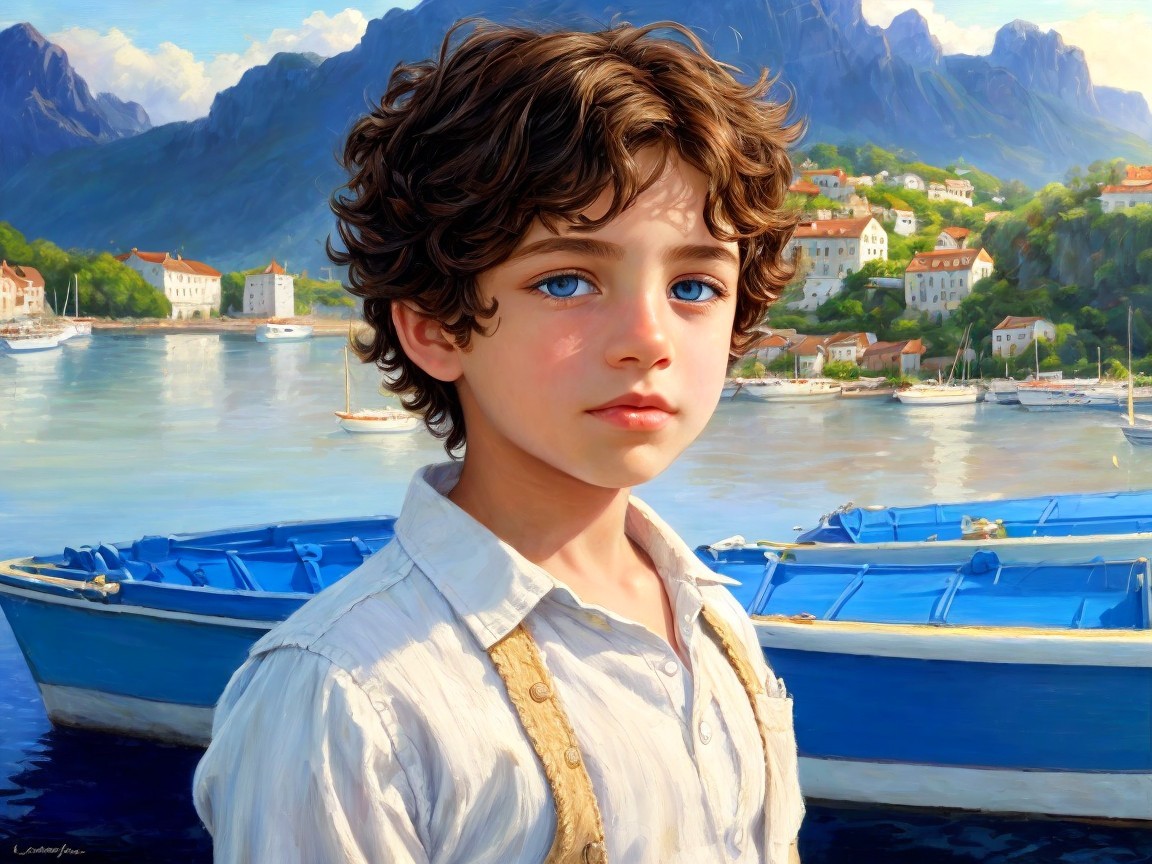 Young boy by water with blue eyes and curly hair