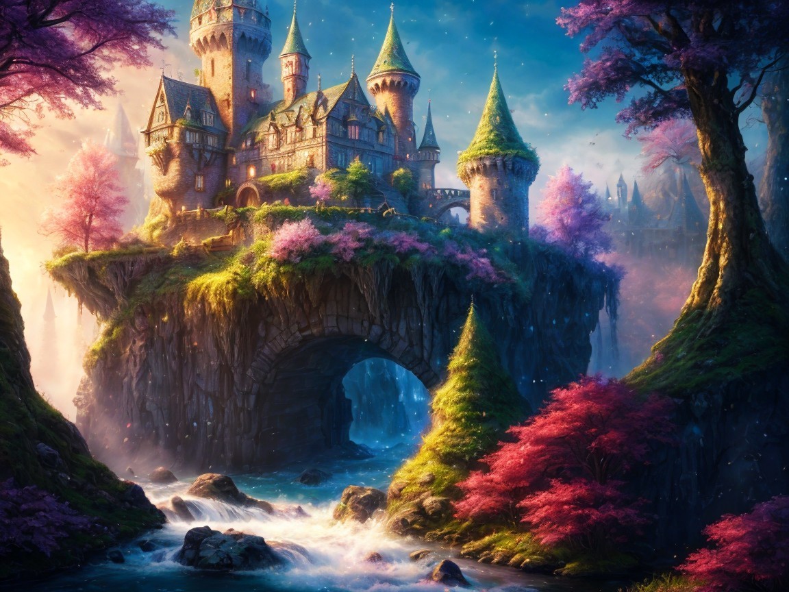 Mystical castle with waterfalls and vibrant trees