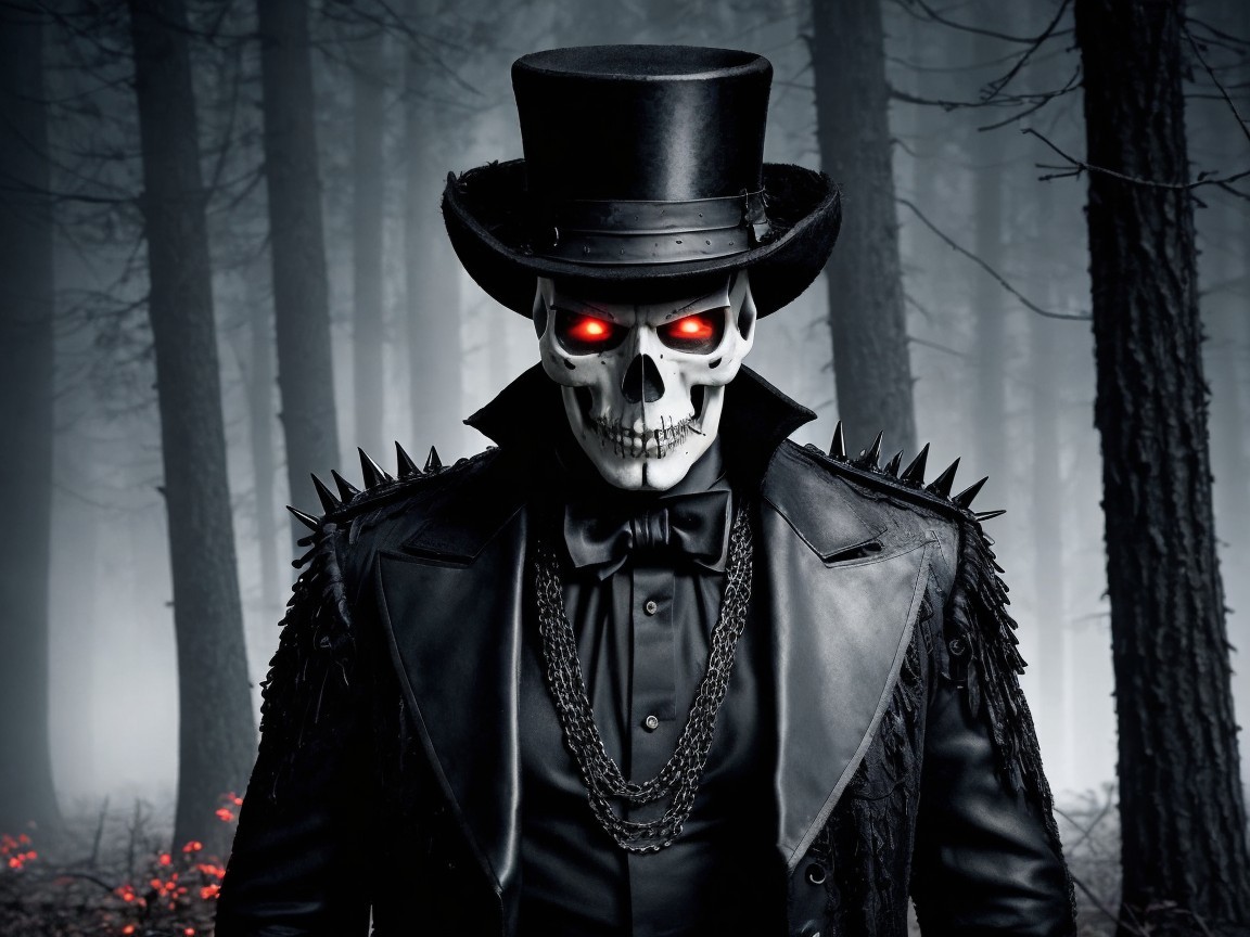 Skeleton Figure in Shadowy Forest with Red Eyes