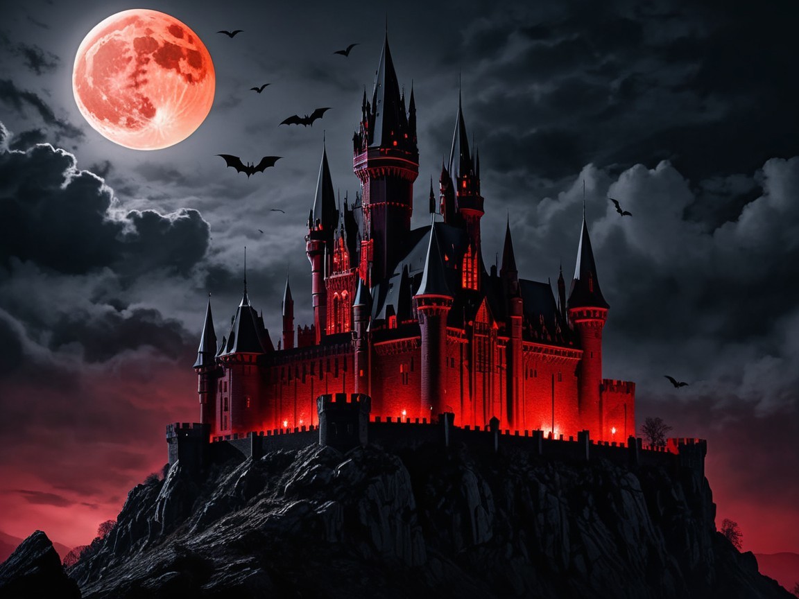 Gothic Castle Under Blood-Red Moonlight