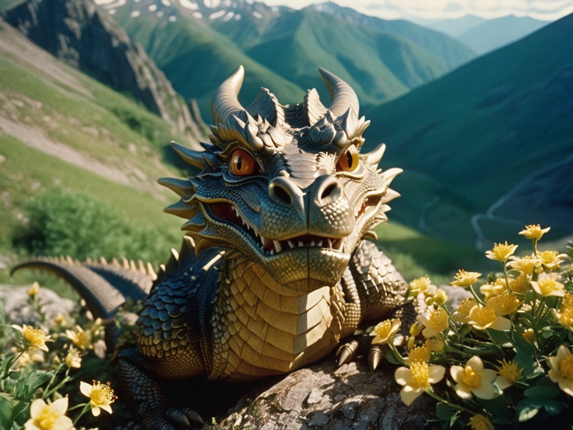Majestic dragon resting in vibrant flower-filled valley