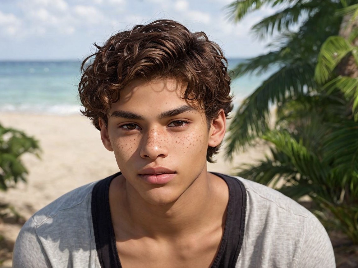 Young male with curly hair and freckles at beach