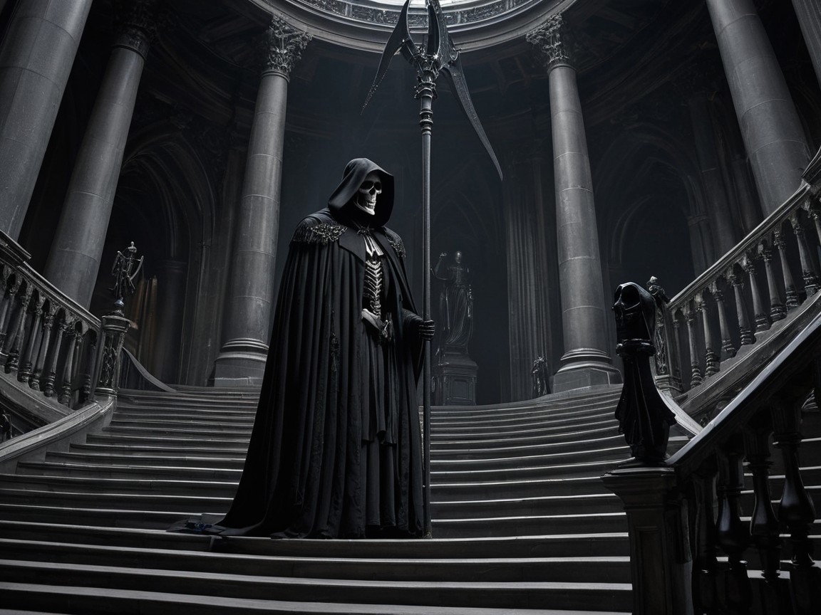 Skeletal Figure in Grand Hall with Gothic Ambiance