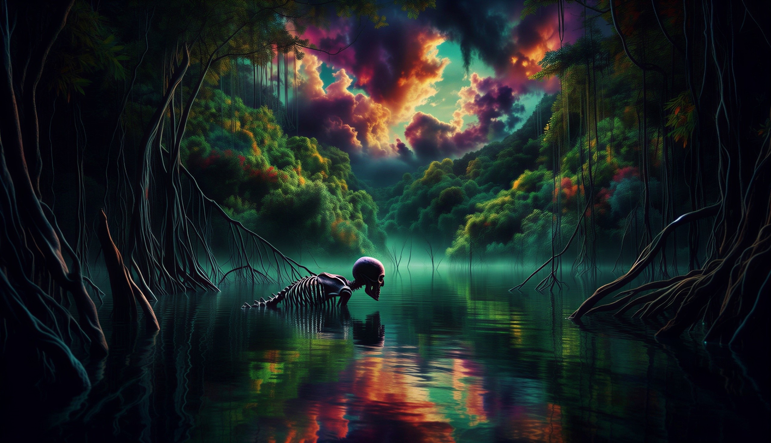 Dark Ethereal Swamp with Skeleton in Murky Water