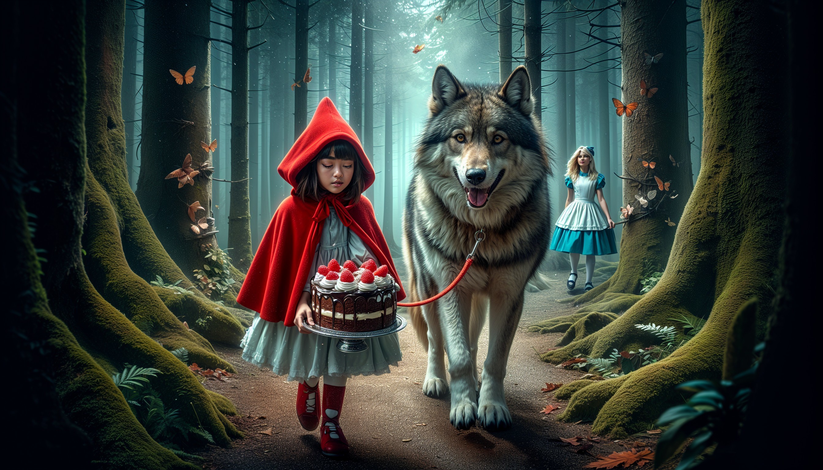 Young Girl in Red Cloak with Wolf in Mystical Forest